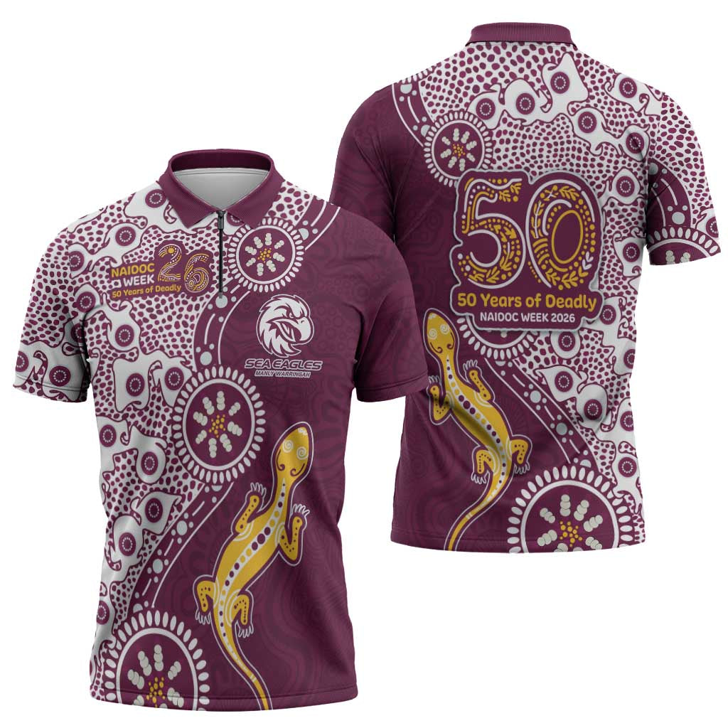 Manly Warringah Sea Eagles NAIDOC Week 2026 Zipper Polo Shirt Aboriginal Lizard Dot Painting - 50 Years of Deadly