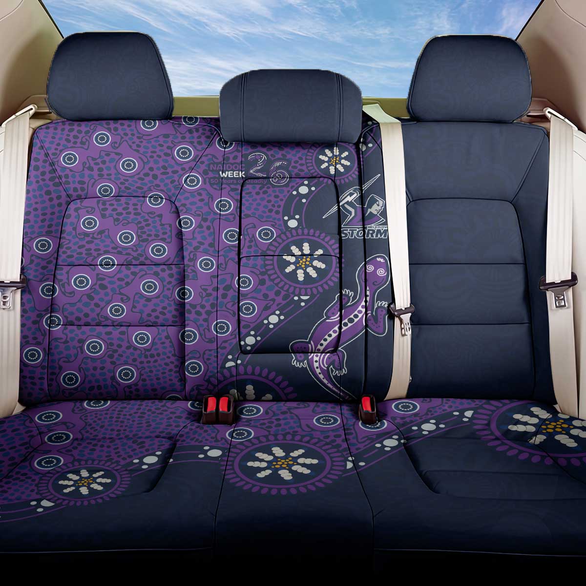 Melbourne Storm NAIDOC Week 2026 Back Car Seat Cover Aboriginal Lizard Dot Painting - 50 Years of Deadly