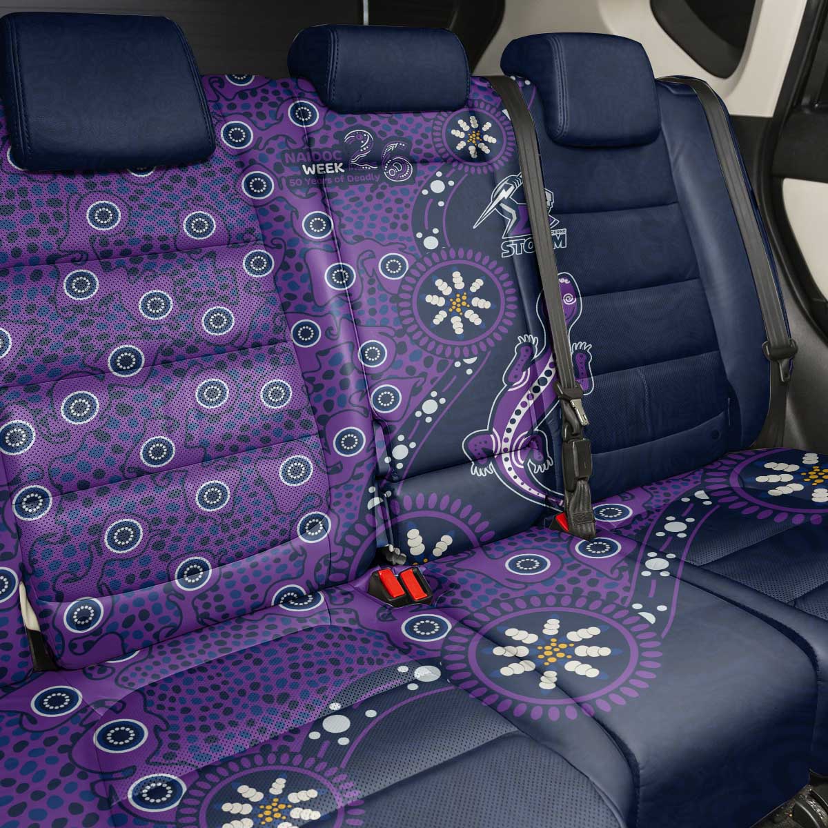 Melbourne Storm NAIDOC Week 2026 Back Car Seat Cover Aboriginal Lizard Dot Painting - 50 Years of Deadly