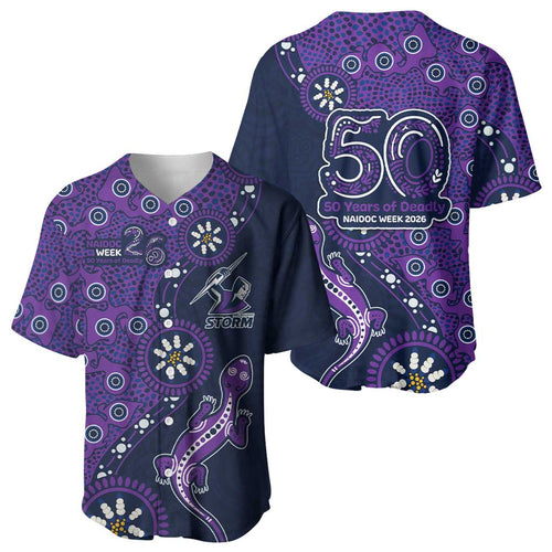 Melbourne Storm NAIDOC Week 2026 Baseball Jersey Aboriginal Lizard Dot Painting - 50 Years of Deadly