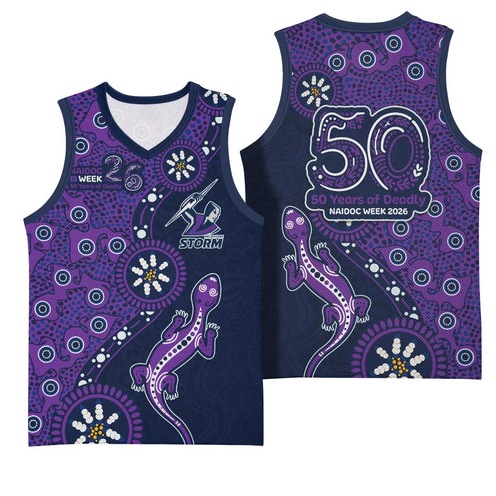 Melbourne Storm NAIDOC Week 2026 Basketball Jersey Aboriginal Lizard Dot Painting - 50 Years of Deadly