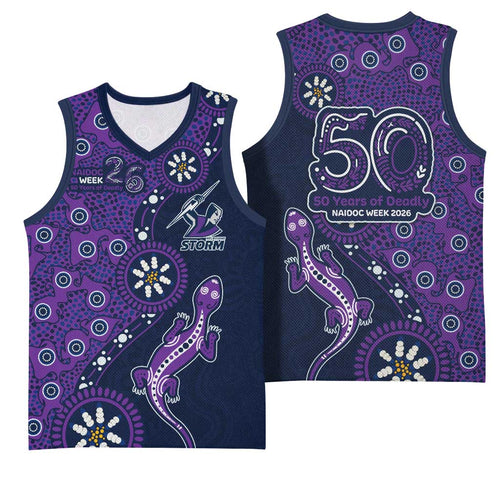 Melbourne Storm NAIDOC Week 2026 Basketball Jersey Aboriginal Lizard Dot Painting - 50 Years of Deadly