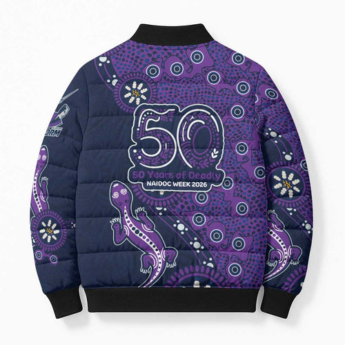 Melbourne Storm NAIDOC Week 2026 Bomber Puffer Jacket Aboriginal Lizard Dot Painting - 50 Years of Deadly