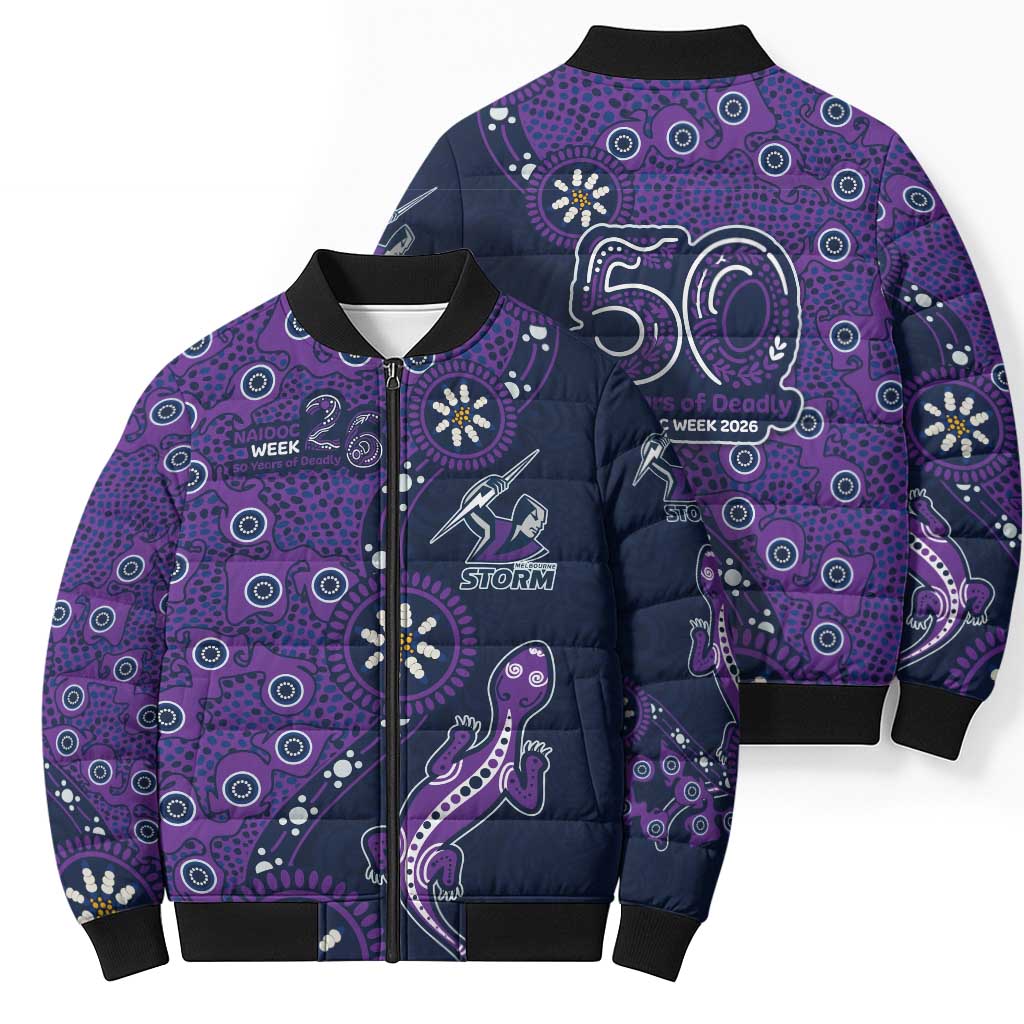 Melbourne Storm NAIDOC Week 2026 Bomber Puffer Jacket Aboriginal Lizard Dot Painting - 50 Years of Deadly