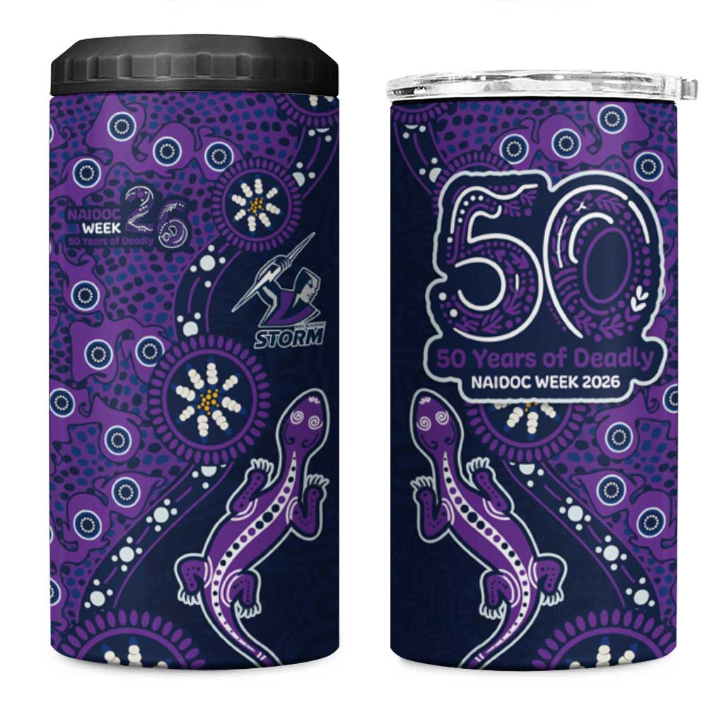 Melbourne Storm NAIDOC Week 2026 4 in 1 Can Cooler Tumbler Aboriginal Lizard Dot Painting - 50 Years of Deadly