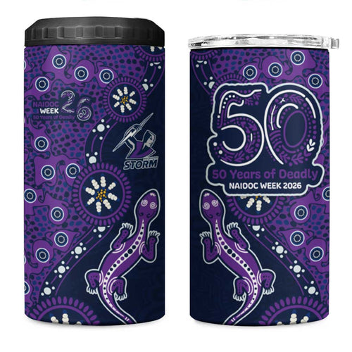 Melbourne Storm NAIDOC Week 2026 4 in 1 Can Cooler Tumbler Aboriginal Lizard Dot Painting - 50 Years of Deadly