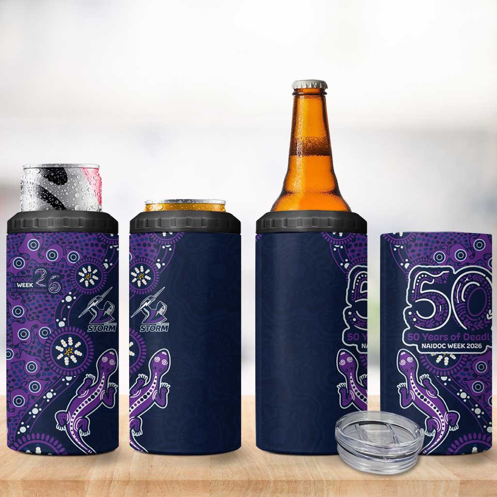 Melbourne Storm NAIDOC Week 2026 4 in 1 Can Cooler Tumbler Aboriginal Lizard Dot Painting - 50 Years of Deadly