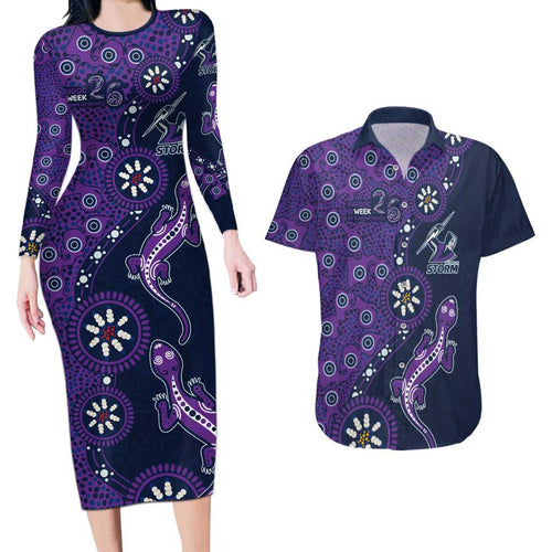 Melbourne Storm NAIDOC Week 2026 Couples Matching Long Sleeve Bodycon Dress and Hawaiian Shirt Aboriginal Lizard Dot Painting - 50 Years of Deadly