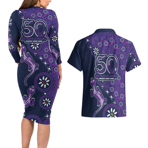 Melbourne Storm NAIDOC Week 2026 Couples Matching Long Sleeve Bodycon Dress and Hawaiian Shirt Aboriginal Lizard Dot Painting - 50 Years of Deadly