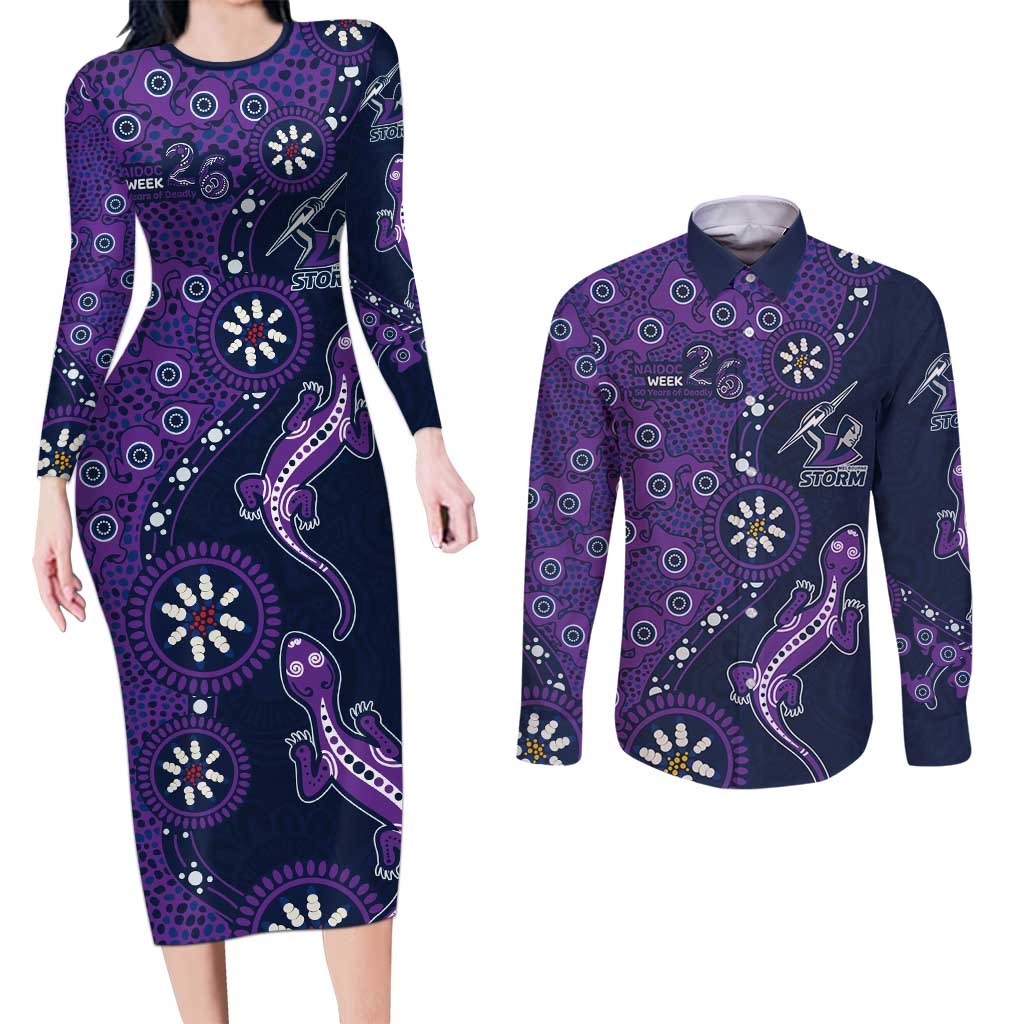 Melbourne Storm NAIDOC Week 2026 Couples Matching Long Sleeve Bodycon Dress and Long Sleeve Button Shirt Aboriginal Lizard Dot Painting - 50 Years of Deadly
