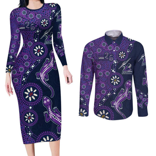 Melbourne Storm NAIDOC Week 2026 Couples Matching Long Sleeve Bodycon Dress and Long Sleeve Button Shirt Aboriginal Lizard Dot Painting - 50 Years of Deadly
