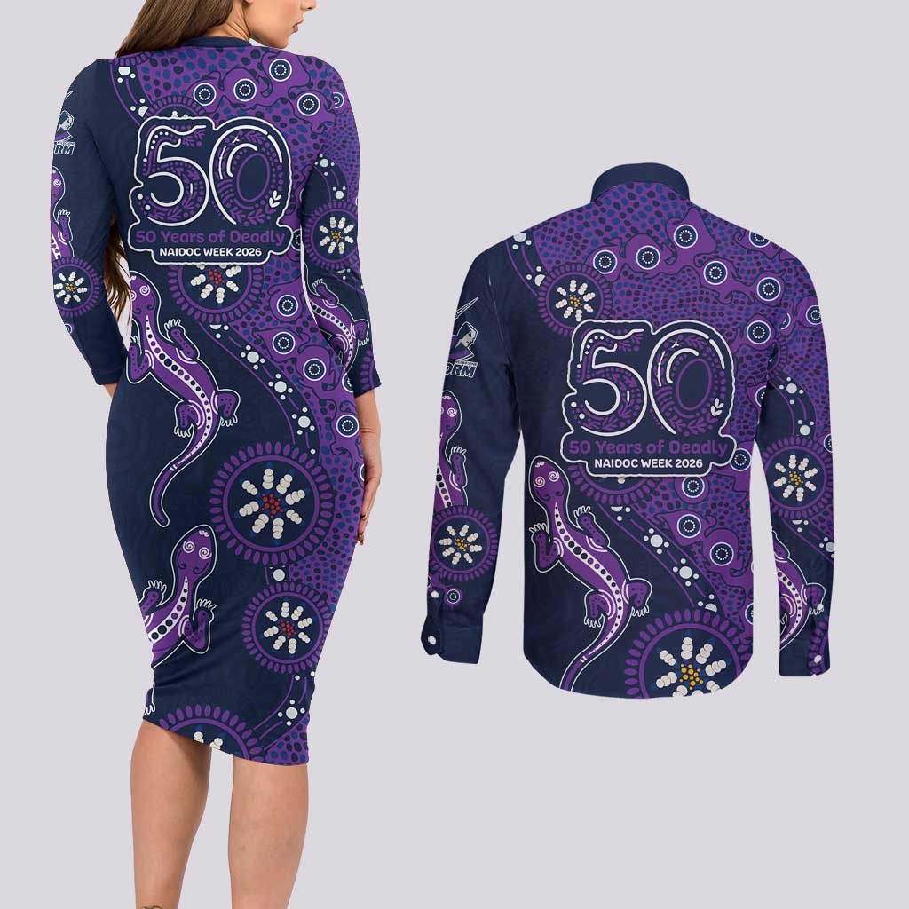 Melbourne Storm NAIDOC Week 2026 Couples Matching Long Sleeve Bodycon Dress and Long Sleeve Button Shirt Aboriginal Lizard Dot Painting - 50 Years of Deadly