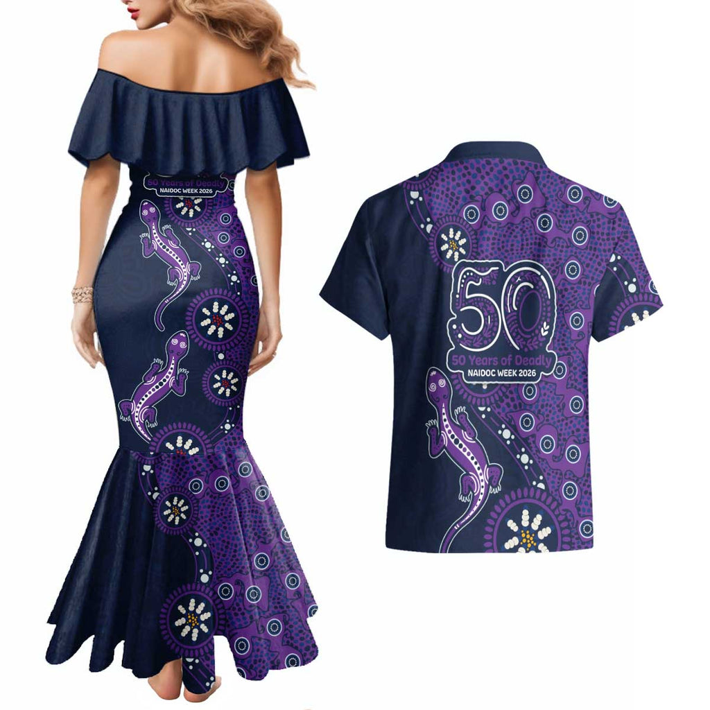 Melbourne Storm NAIDOC Week 2026 Couples Matching Mermaid Dress and Hawaiian Shirt Aboriginal Lizard Dot Painting - 50 Years of Deadly