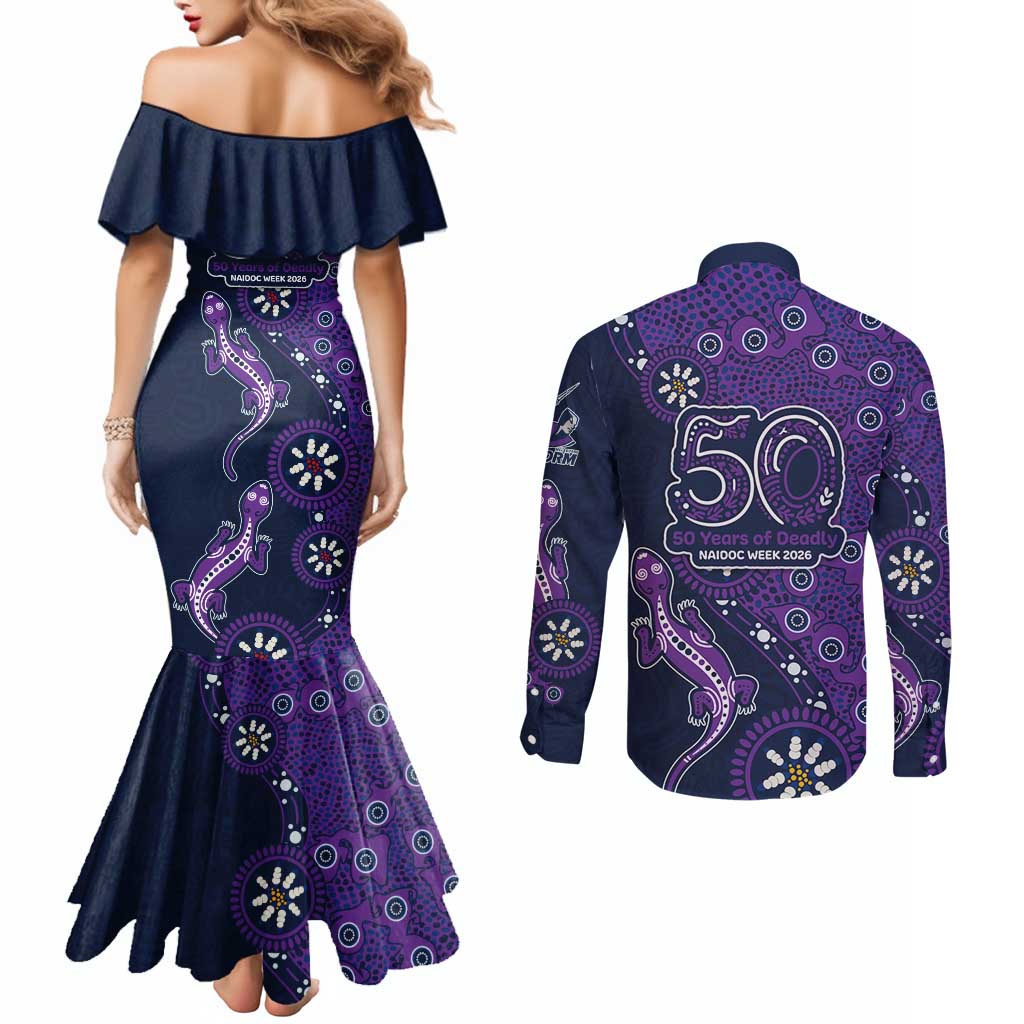Melbourne Storm NAIDOC Week 2026 Couples Matching Mermaid Dress and Long Sleeve Button Shirt Aboriginal Lizard Dot Painting - 50 Years of Deadly