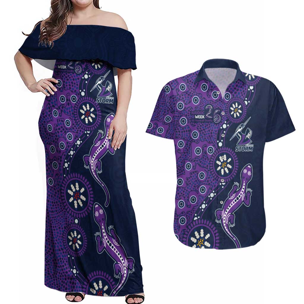 Melbourne Storm NAIDOC Week 2026 Couples Matching Off Shoulder Maxi Dress and Hawaiian Shirt Aboriginal Lizard Dot Painting - 50 Years of Deadly