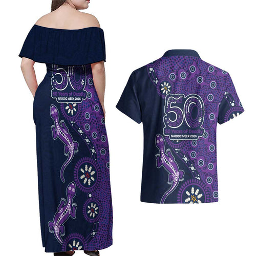 Melbourne Storm NAIDOC Week 2026 Couples Matching Off Shoulder Maxi Dress and Hawaiian Shirt Aboriginal Lizard Dot Painting - 50 Years of Deadly