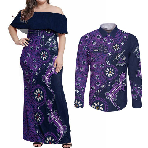 Melbourne Storm NAIDOC Week 2026 Couples Matching Off Shoulder Maxi Dress and Long Sleeve Button Shirt Aboriginal Lizard Dot Painting - 50 Years of Deadly
