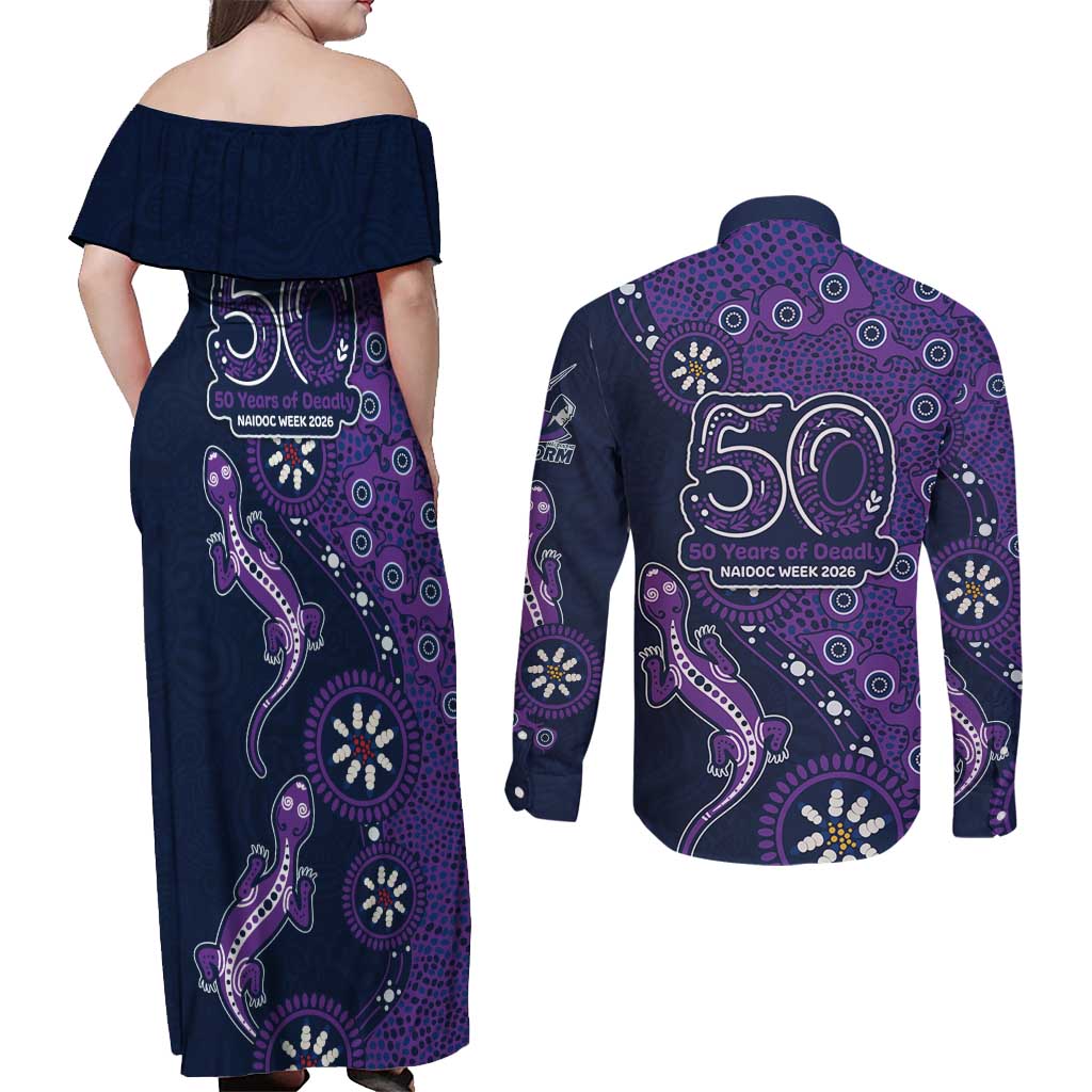 Melbourne Storm NAIDOC Week 2026 Couples Matching Off Shoulder Maxi Dress and Long Sleeve Button Shirt Aboriginal Lizard Dot Painting - 50 Years of Deadly