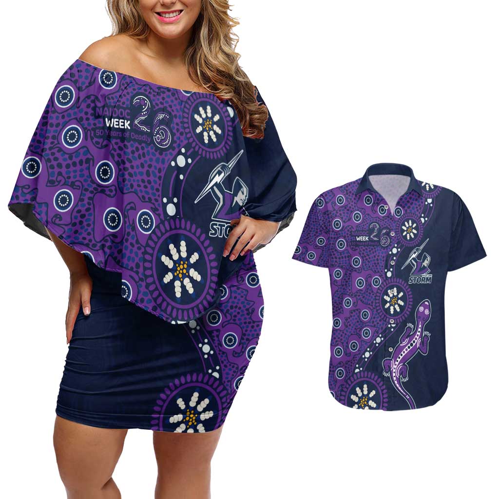 Melbourne Storm NAIDOC Week 2026 Couples Matching Off Shoulder Short Dress and Hawaiian Shirt Aboriginal Lizard Dot Painting - 50 Years of Deadly