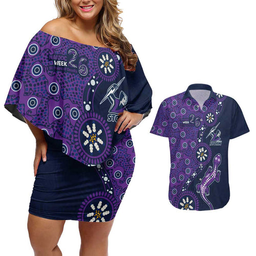 Melbourne Storm NAIDOC Week 2026 Couples Matching Off Shoulder Short Dress and Hawaiian Shirt Aboriginal Lizard Dot Painting - 50 Years of Deadly