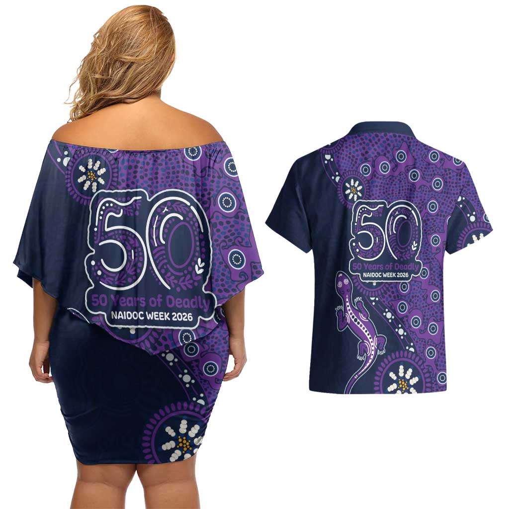 Melbourne Storm NAIDOC Week 2026 Couples Matching Off Shoulder Short Dress and Hawaiian Shirt Aboriginal Lizard Dot Painting - 50 Years of Deadly