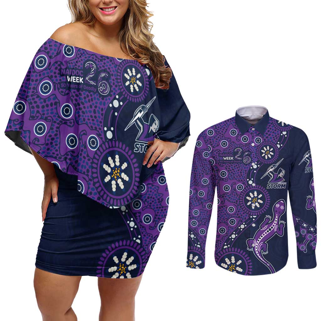 Melbourne Storm NAIDOC Week 2026 Couples Matching Off Shoulder Short Dress and Long Sleeve Button Shirt Aboriginal Lizard Dot Painting - 50 Years of Deadly
