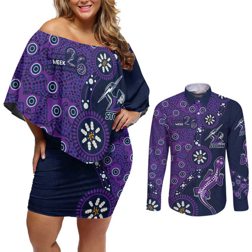 Melbourne Storm NAIDOC Week 2026 Couples Matching Off Shoulder Short Dress and Long Sleeve Button Shirt Aboriginal Lizard Dot Painting - 50 Years of Deadly