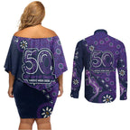 Melbourne Storm NAIDOC Week 2026 Couples Matching Off Shoulder Short Dress and Long Sleeve Button Shirt Aboriginal Lizard Dot Painting - 50 Years of Deadly