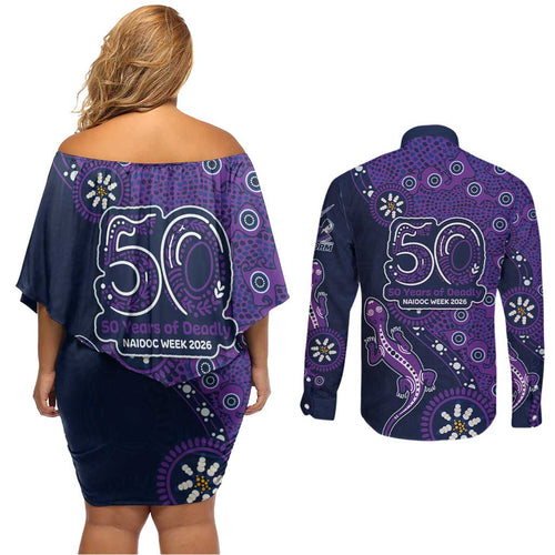 Melbourne Storm NAIDOC Week 2026 Couples Matching Off Shoulder Short Dress and Long Sleeve Button Shirt Aboriginal Lizard Dot Painting - 50 Years of Deadly