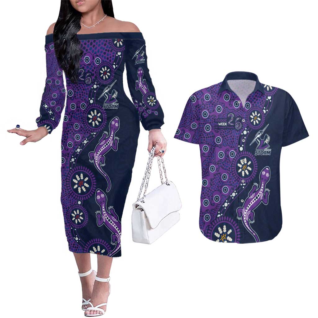 Melbourne Storm NAIDOC Week 2026 Couples Matching Off The Shoulder Long Sleeve Dress and Hawaiian Shirt Aboriginal Lizard Dot Painting - 50 Years of Deadly