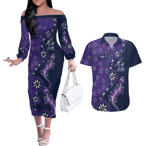 Melbourne Storm NAIDOC Week 2026 Couples Matching Off The Shoulder Long Sleeve Dress and Hawaiian Shirt Aboriginal Lizard Dot Painting - 50 Years of Deadly