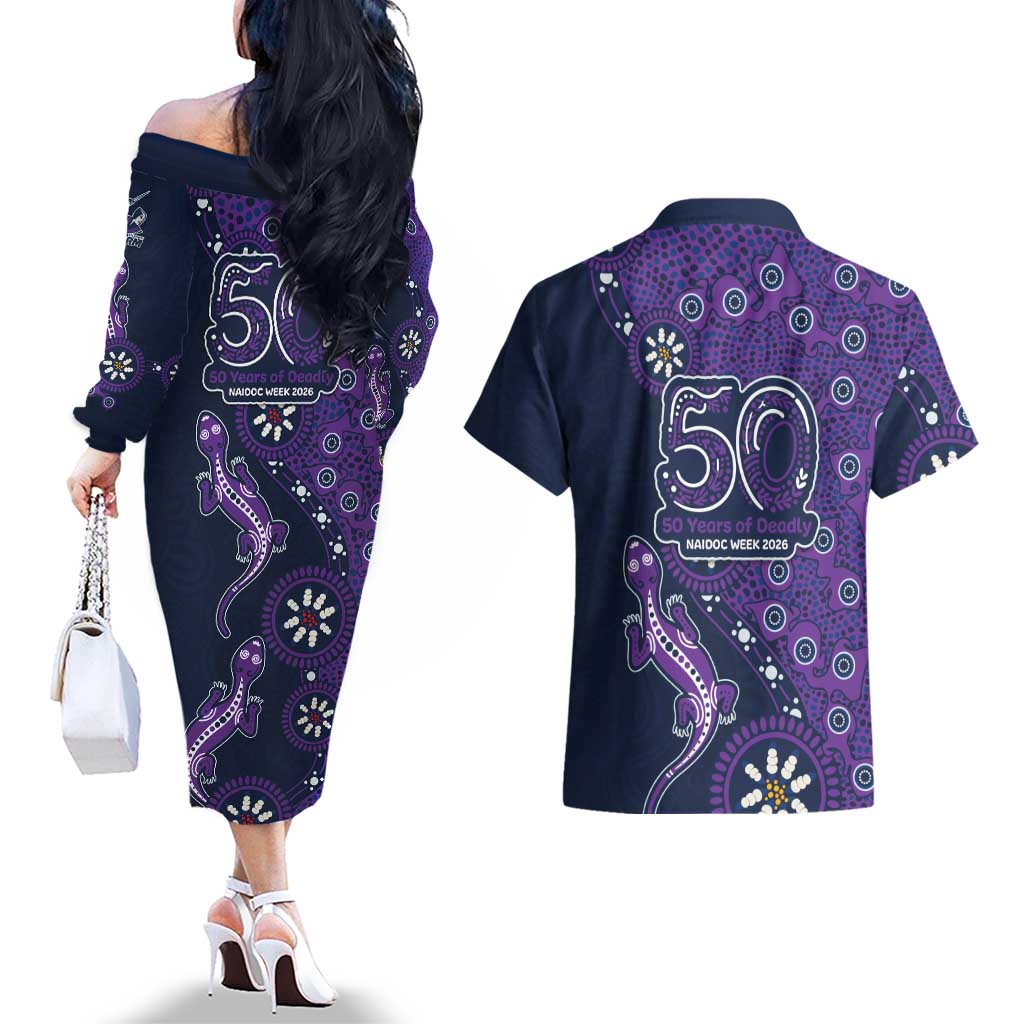 Melbourne Storm NAIDOC Week 2026 Couples Matching Off The Shoulder Long Sleeve Dress and Hawaiian Shirt Aboriginal Lizard Dot Painting - 50 Years of Deadly