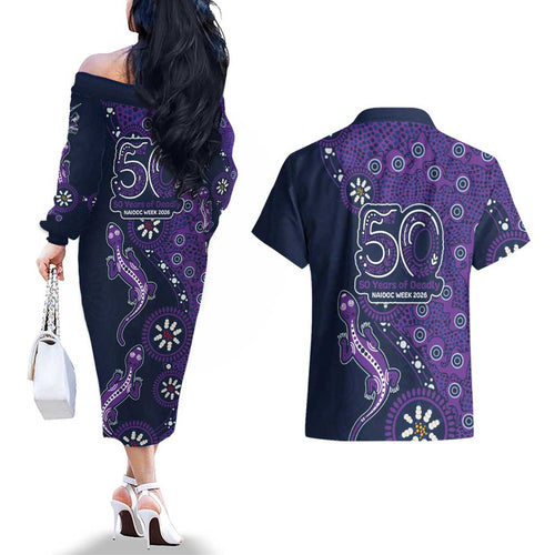 Melbourne Storm NAIDOC Week 2026 Couples Matching Off The Shoulder Long Sleeve Dress and Hawaiian Shirt Aboriginal Lizard Dot Painting - 50 Years of Deadly