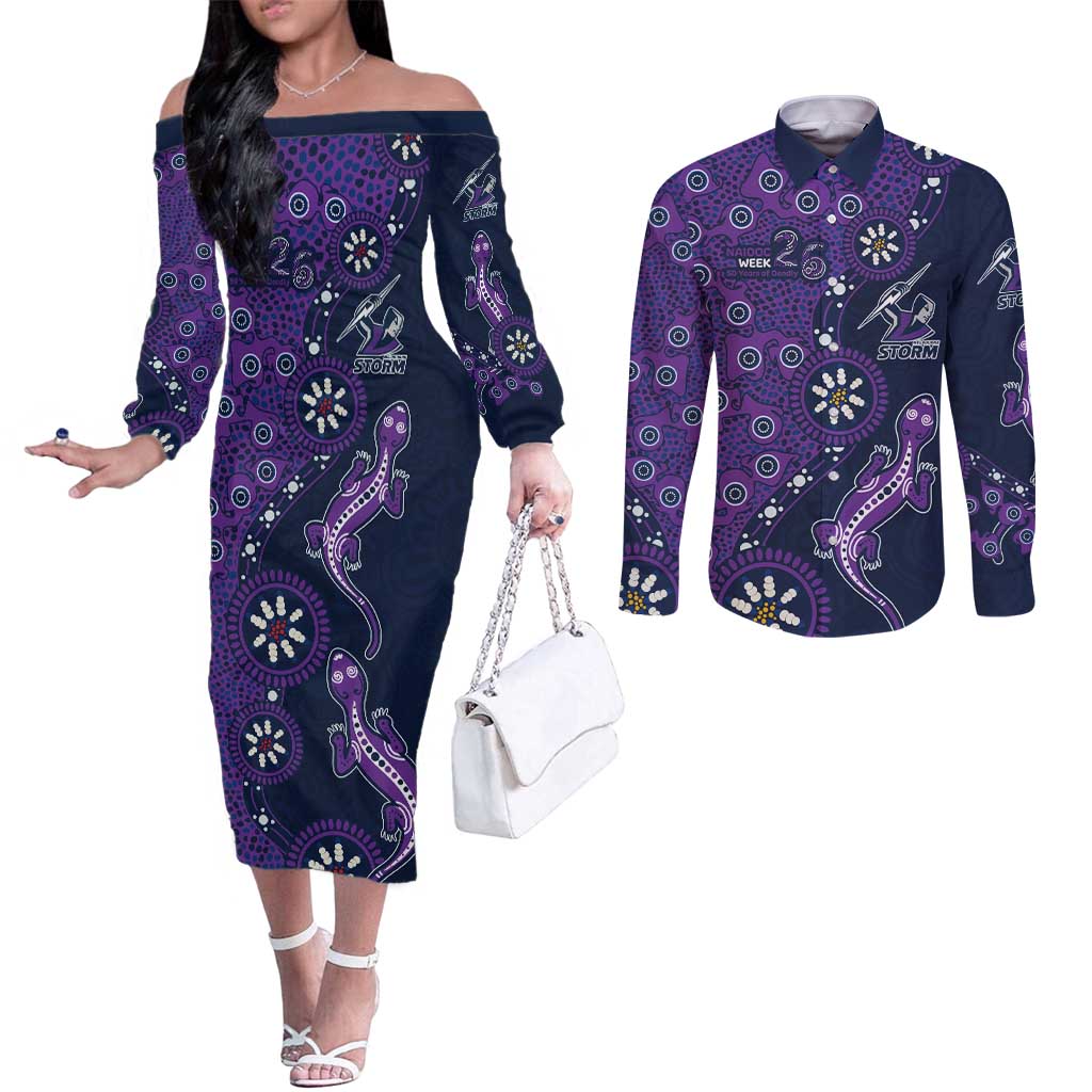 Melbourne Storm NAIDOC Week 2026 Couples Matching Off The Shoulder Long Sleeve Dress and Long Sleeve Button Shirt Aboriginal Lizard Dot Painting - 50 Years of Deadly