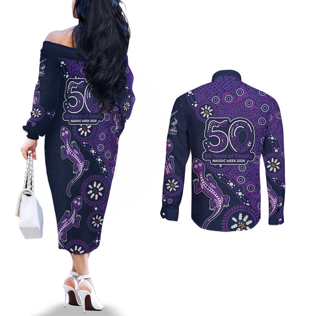 Melbourne Storm NAIDOC Week 2026 Couples Matching Off The Shoulder Long Sleeve Dress and Long Sleeve Button Shirt Aboriginal Lizard Dot Painting - 50 Years of Deadly