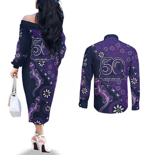 Melbourne Storm NAIDOC Week 2026 Couples Matching Off The Shoulder Long Sleeve Dress and Long Sleeve Button Shirt Aboriginal Lizard Dot Painting - 50 Years of Deadly