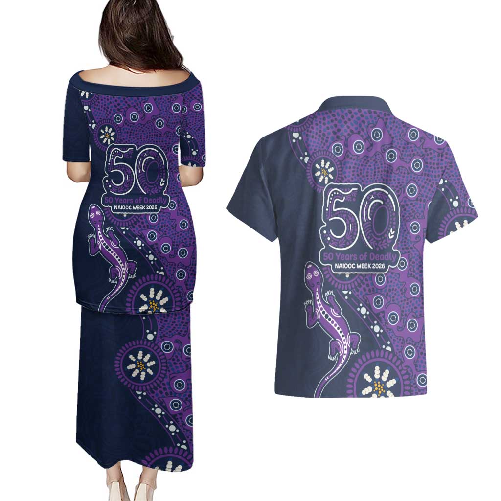 Melbourne Storm NAIDOC Week 2026 Couples Matching Puletasi and Hawaiian Shirt Aboriginal Lizard Dot Painting - 50 Years of Deadly