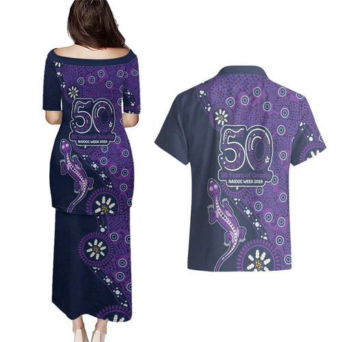 Melbourne Storm NAIDOC Week 2026 Couples Matching Puletasi and Hawaiian Shirt Aboriginal Lizard Dot Painting - 50 Years of Deadly