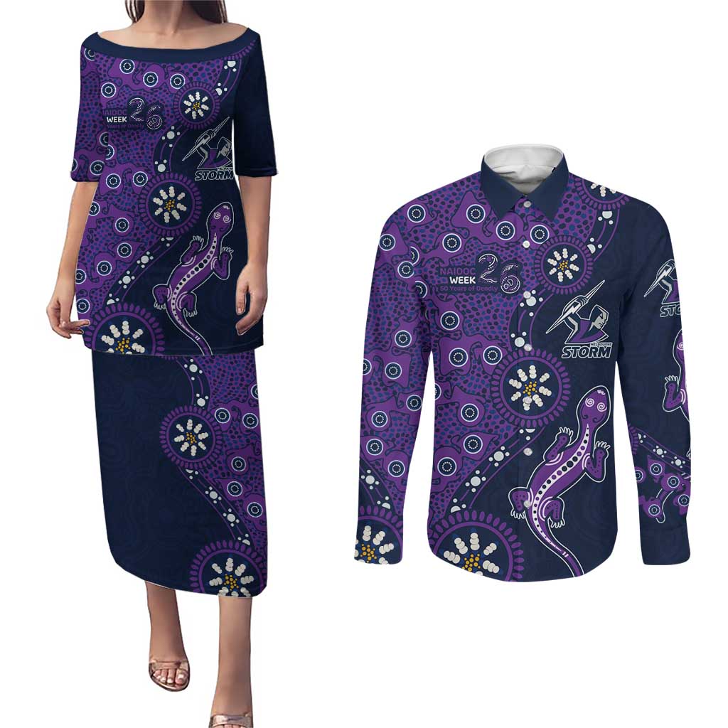 Melbourne Storm NAIDOC Week 2026 Couples Matching Puletasi and Long Sleeve Button Shirt Aboriginal Lizard Dot Painting - 50 Years of Deadly