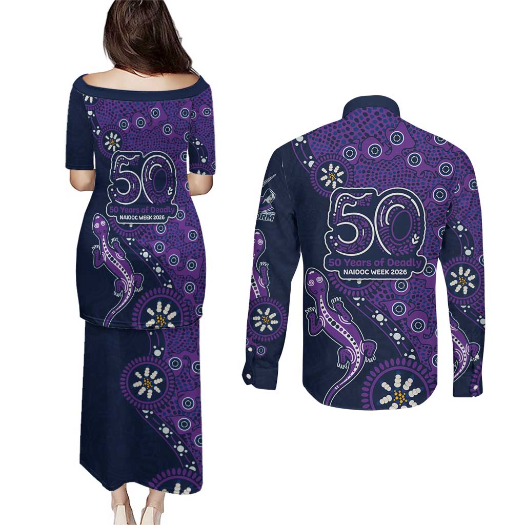 Melbourne Storm NAIDOC Week 2026 Couples Matching Puletasi and Long Sleeve Button Shirt Aboriginal Lizard Dot Painting - 50 Years of Deadly