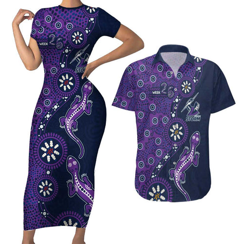 Melbourne Storm NAIDOC Week 2026 Couples Matching Short Sleeve Bodycon Dress and Hawaiian Shirt Aboriginal Lizard Dot Painting - 50 Years of Deadly