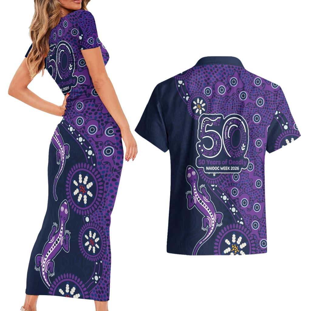 Melbourne Storm NAIDOC Week 2026 Couples Matching Short Sleeve Bodycon Dress and Hawaiian Shirt Aboriginal Lizard Dot Painting - 50 Years of Deadly