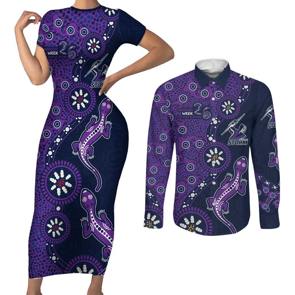 Melbourne Storm NAIDOC Week 2026 Couples Matching Short Sleeve Bodycon Dress and Long Sleeve Button Shirt Aboriginal Lizard Dot Painting - 50 Years of Deadly