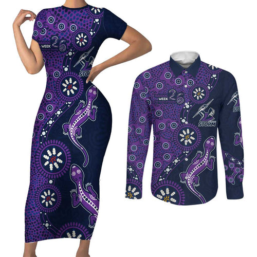 Melbourne Storm NAIDOC Week 2026 Couples Matching Short Sleeve Bodycon Dress and Long Sleeve Button Shirt Aboriginal Lizard Dot Painting - 50 Years of Deadly
