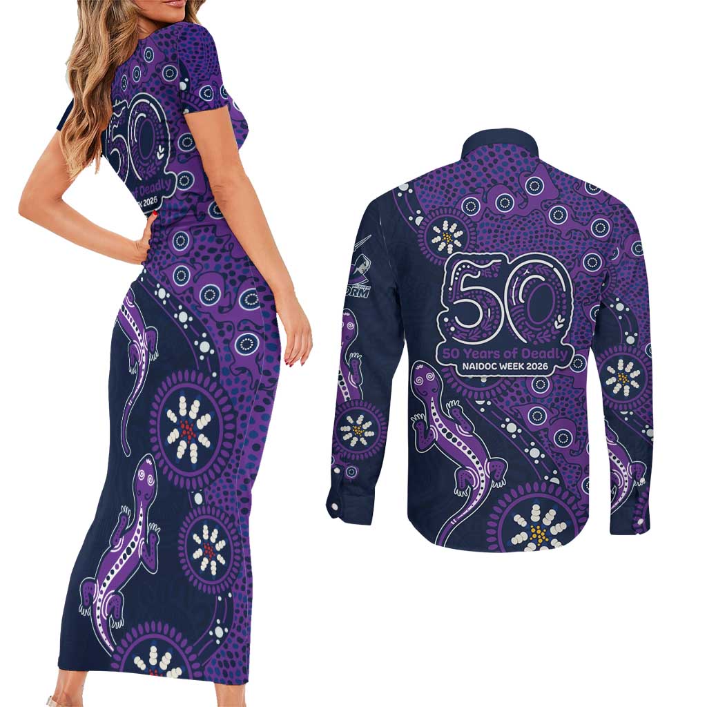 Melbourne Storm NAIDOC Week 2026 Couples Matching Short Sleeve Bodycon Dress and Long Sleeve Button Shirt Aboriginal Lizard Dot Painting - 50 Years of Deadly