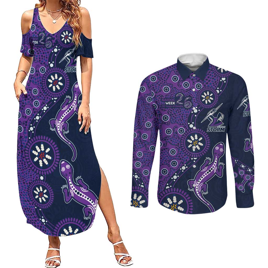 Melbourne Storm NAIDOC Week 2026 Couples Matching Summer Maxi Dress and Long Sleeve Button Shirt Aboriginal Lizard Dot Painting - 50 Years of Deadly