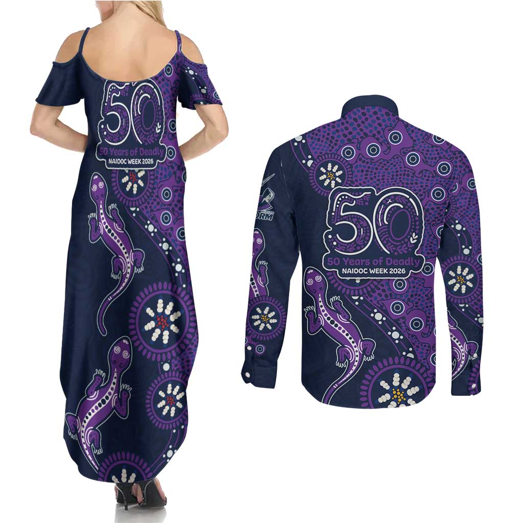 Melbourne Storm NAIDOC Week 2026 Couples Matching Summer Maxi Dress and Long Sleeve Button Shirt Aboriginal Lizard Dot Painting - 50 Years of Deadly