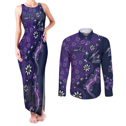 Melbourne Storm NAIDOC Week 2026 Couples Matching Tank Maxi Dress and Long Sleeve Button Shirt Aboriginal Lizard Dot Painting - 50 Years of Deadly