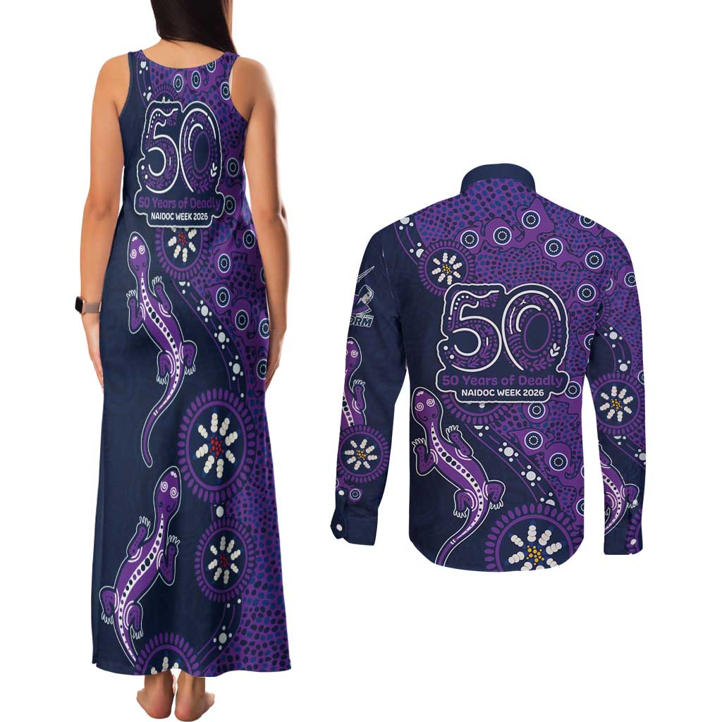 Melbourne Storm NAIDOC Week 2026 Couples Matching Tank Maxi Dress and Long Sleeve Button Shirt Aboriginal Lizard Dot Painting - 50 Years of Deadly