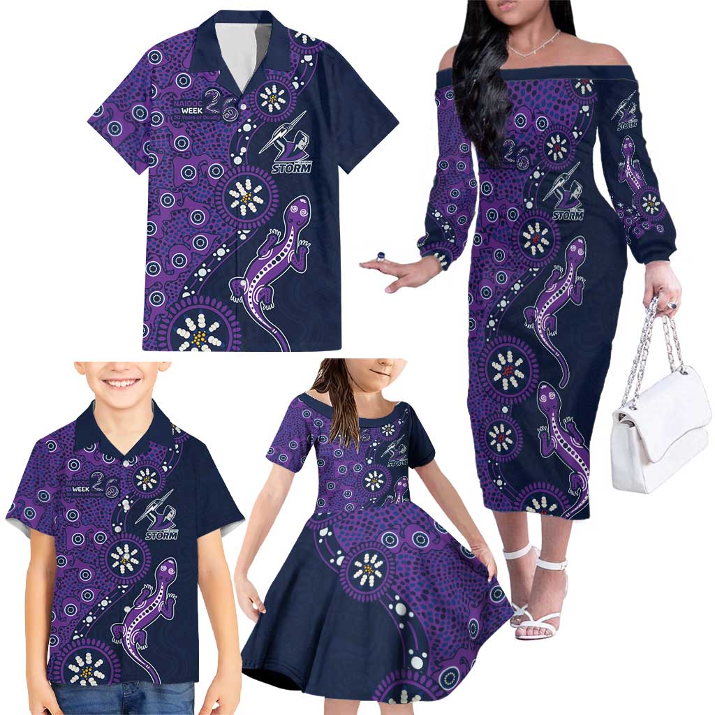 Melbourne Storm NAIDOC Week 2026 Family Matching Off The Shoulder Long Sleeve Dress and Hawaiian Shirt Aboriginal Lizard Dot Painting - 50 Years of Deadly